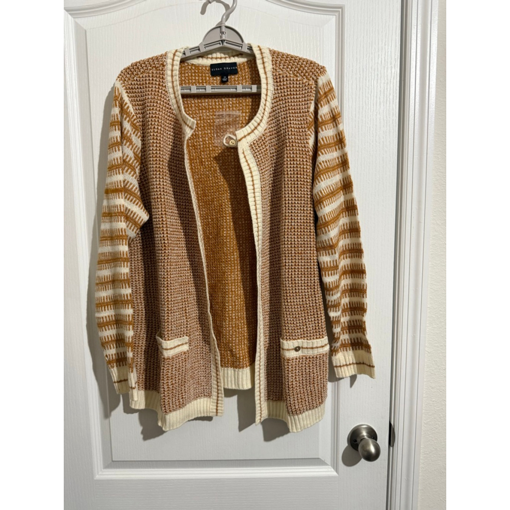 Women's Susan Graver Cardigan 1X Brown White Striped